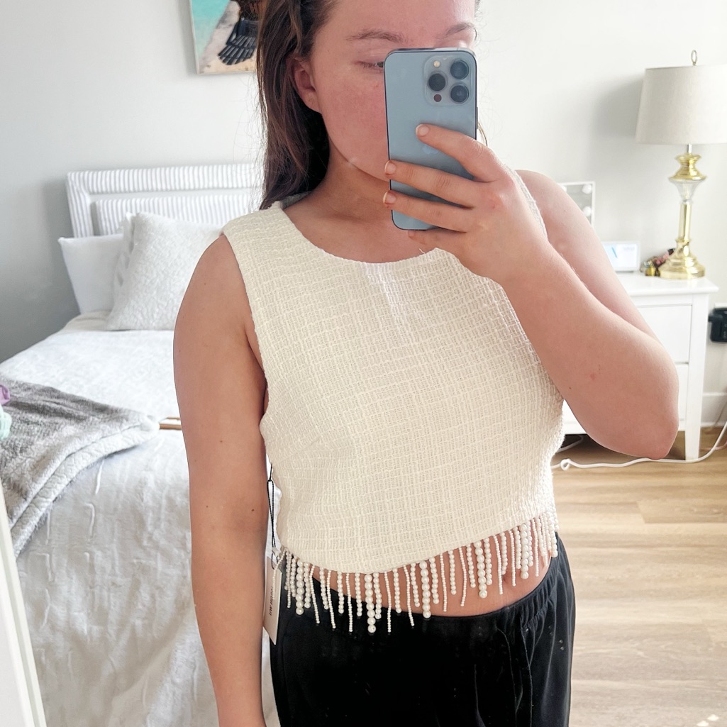 White Crochet Crop Top With Pearl Fringe Jason Wu